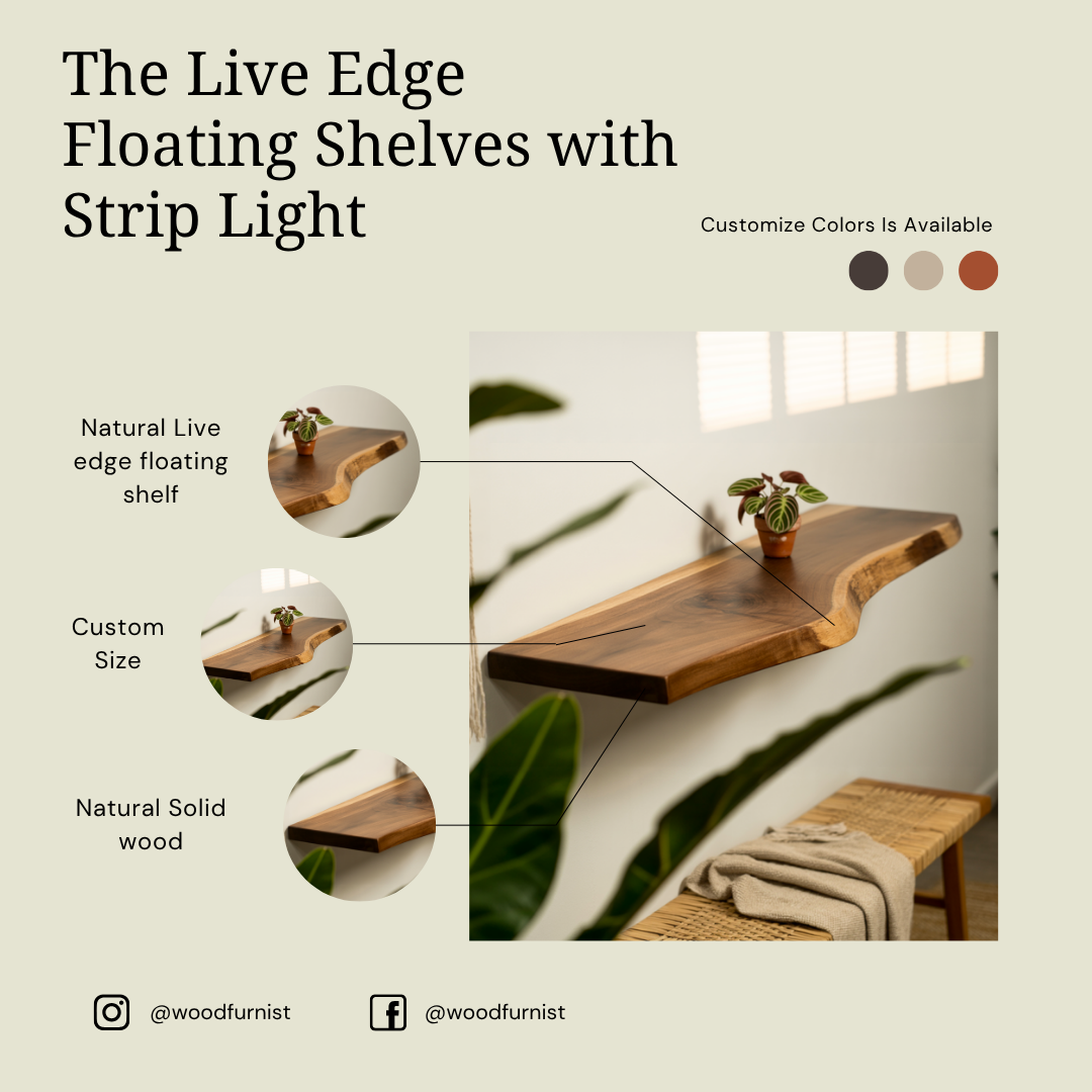 Solid Walnut Live Edge Shelf – Floating Wooden Wall Shelf – Handmade Rustic Modern Furniture WFNED0101