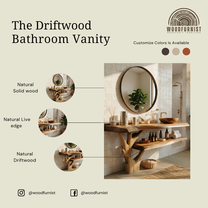 Handcrafted Sculptural Live Edge Solid Wood Floating Bathroom Vanity