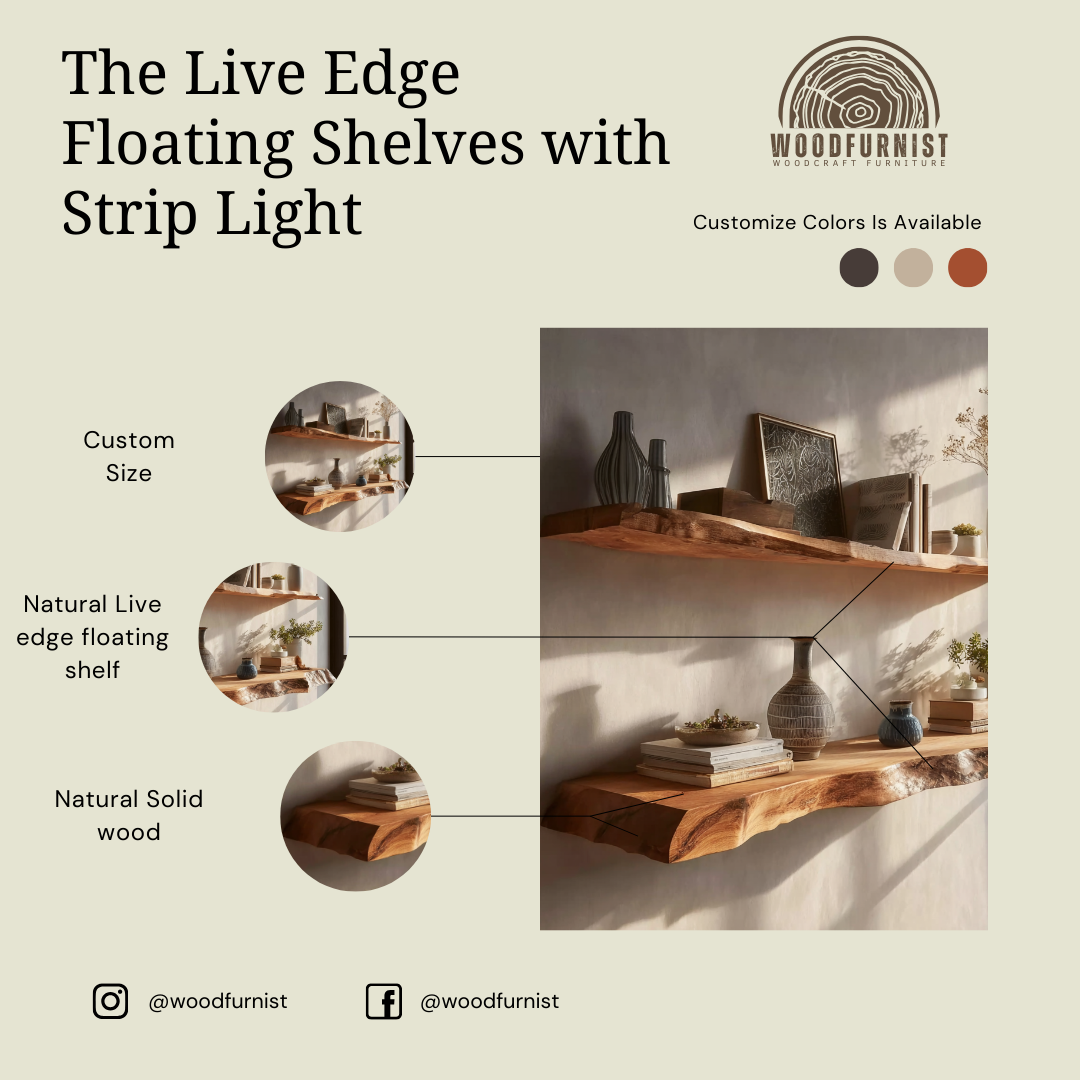 Rustic Live Edge Wooden Wall Shelf – Handmade Floating Shelf for Plants & Books WFNED0154