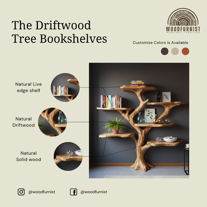 Tree Bookshelf – Handmade Wooden Tree Shelf, Nature-Inspired Branch Bookcase, Unique Wood Furniture by Woodfurnist WFNED0135