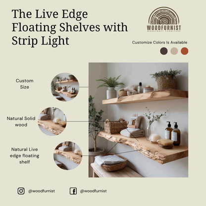 Rustic Solid Wood Floating Shelves – Live Edge Oak Wall Shelf – Minimalist Natural Home Storage & Decor