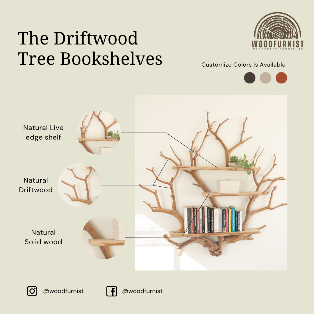 Natural Branch Tree Bookshelf – Handmade Wooden Wall Shelf – Artistic Live Edge Furniture WFNED0110