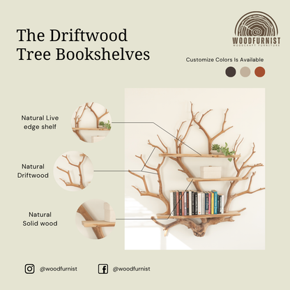 Natural Branch Tree Bookshelf – Handmade Wooden Wall Shelf – Artistic Live Edge Furniture WFNED0110