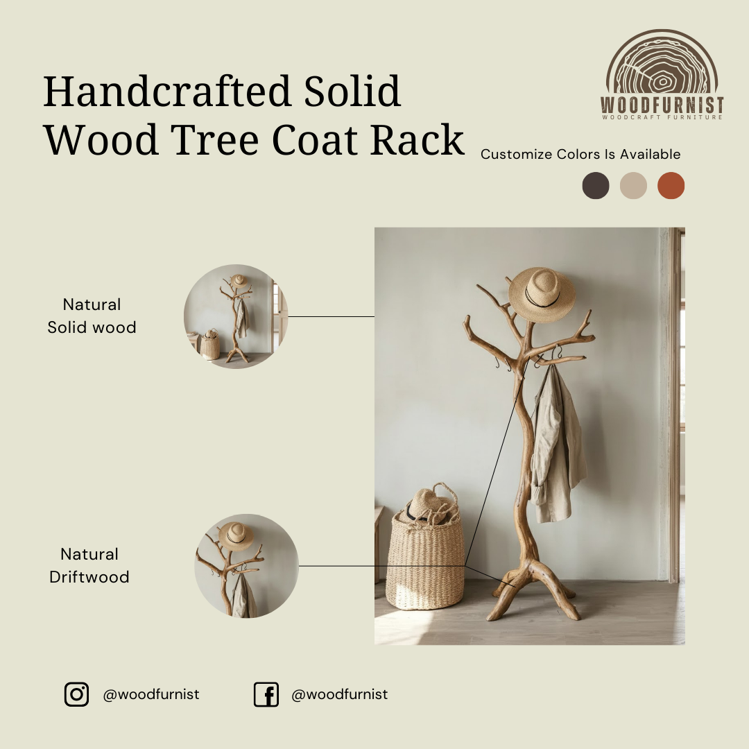 Handcrafted Wooden Tree Coat Rack – Floor Standing Coat Hanger for Home Decor WFNVA0204