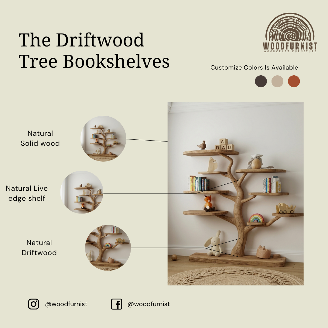 Kids Tree Live Edge Solid Wood Corner Shelf – Sculptural Children's Bookshelf