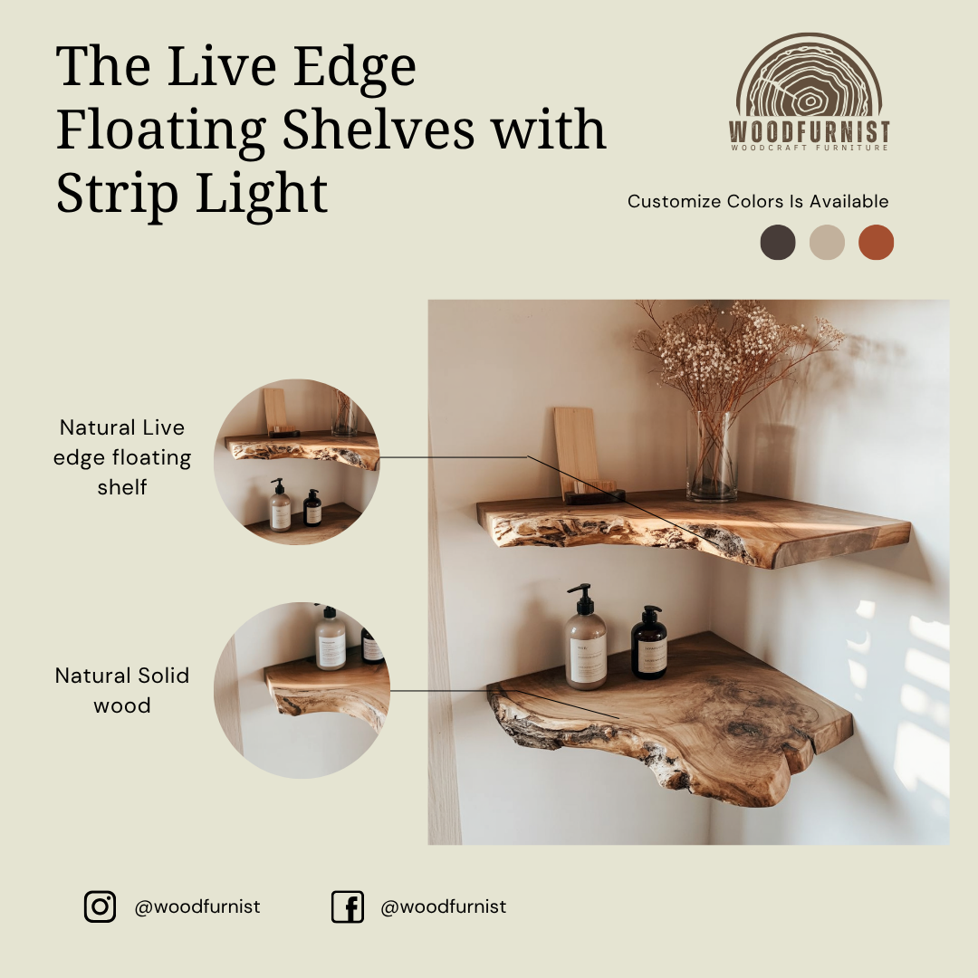 Rustic Live Edge Corner Floating Shelves, Handcrafted Solid Wood Wall Display for Home Décor WFNED0020