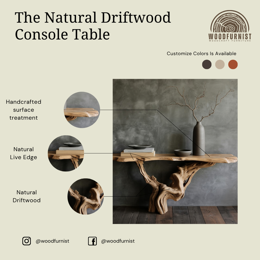 Live Edge Driftwood Console Table – Handmade Solid Wood Entryway Table for Modern Rustic Decor WFNED0144