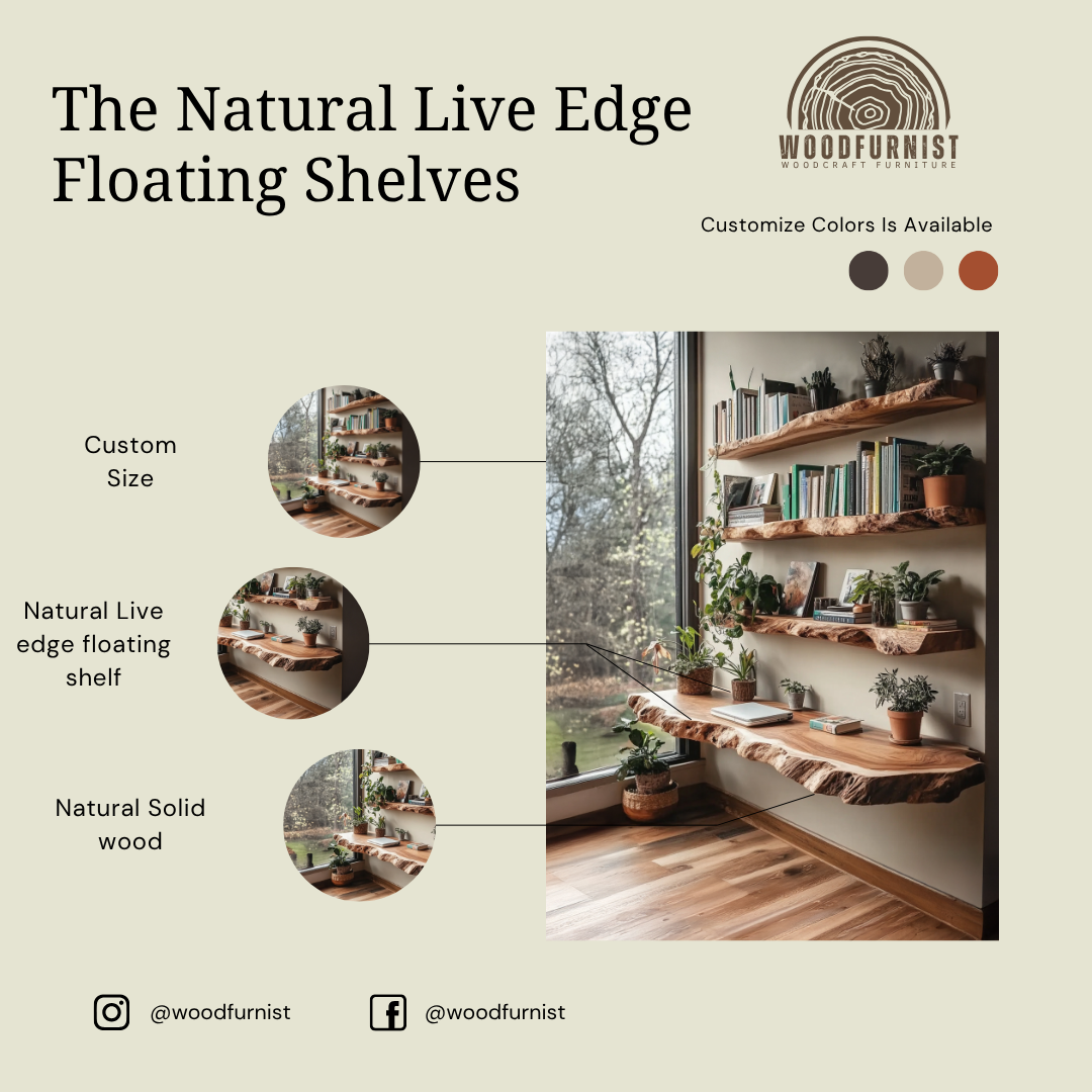Solid Wood Floating Shelves – Handmade Live Edge Wall Shelves for Workspace