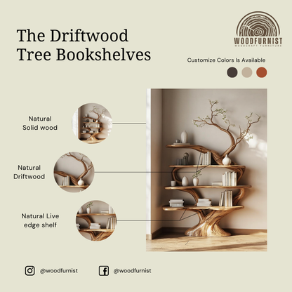 Standing Tree Bookshelf – Handmade Wooden Tree Bookcase with Branch Shelves WFNED0171