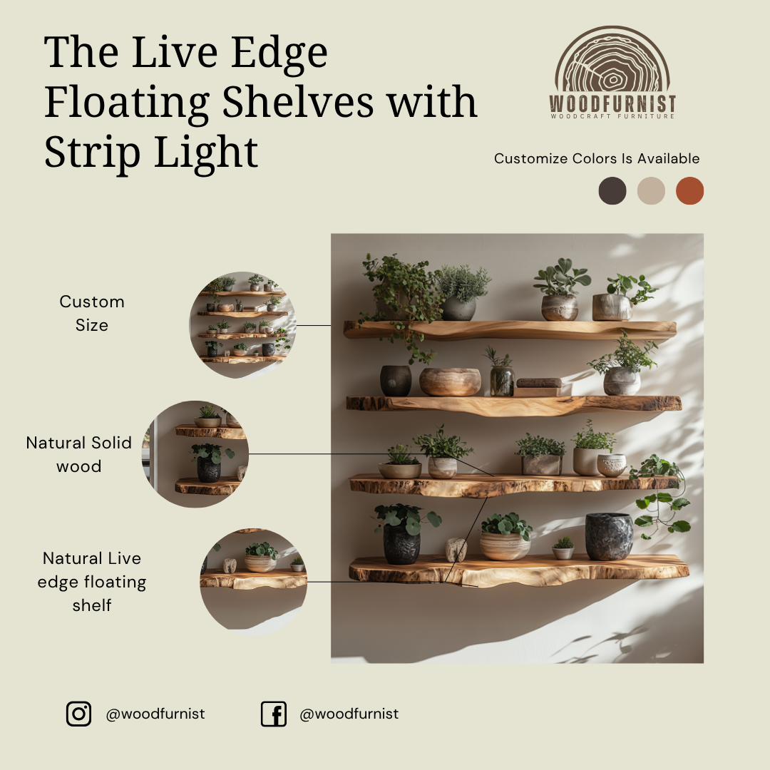 Solid Wood Live Edge Floating Shelves – Handmade Rustic Wall Display – Natural Home Interior Decor WFNED0106