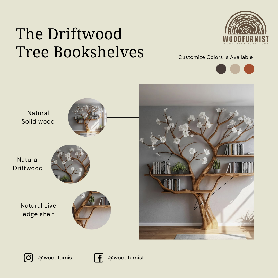 Standing Tree Bookshelf – Handmade Tree-Shaped Wooden Shelf with Decorative Branches WFNED0168