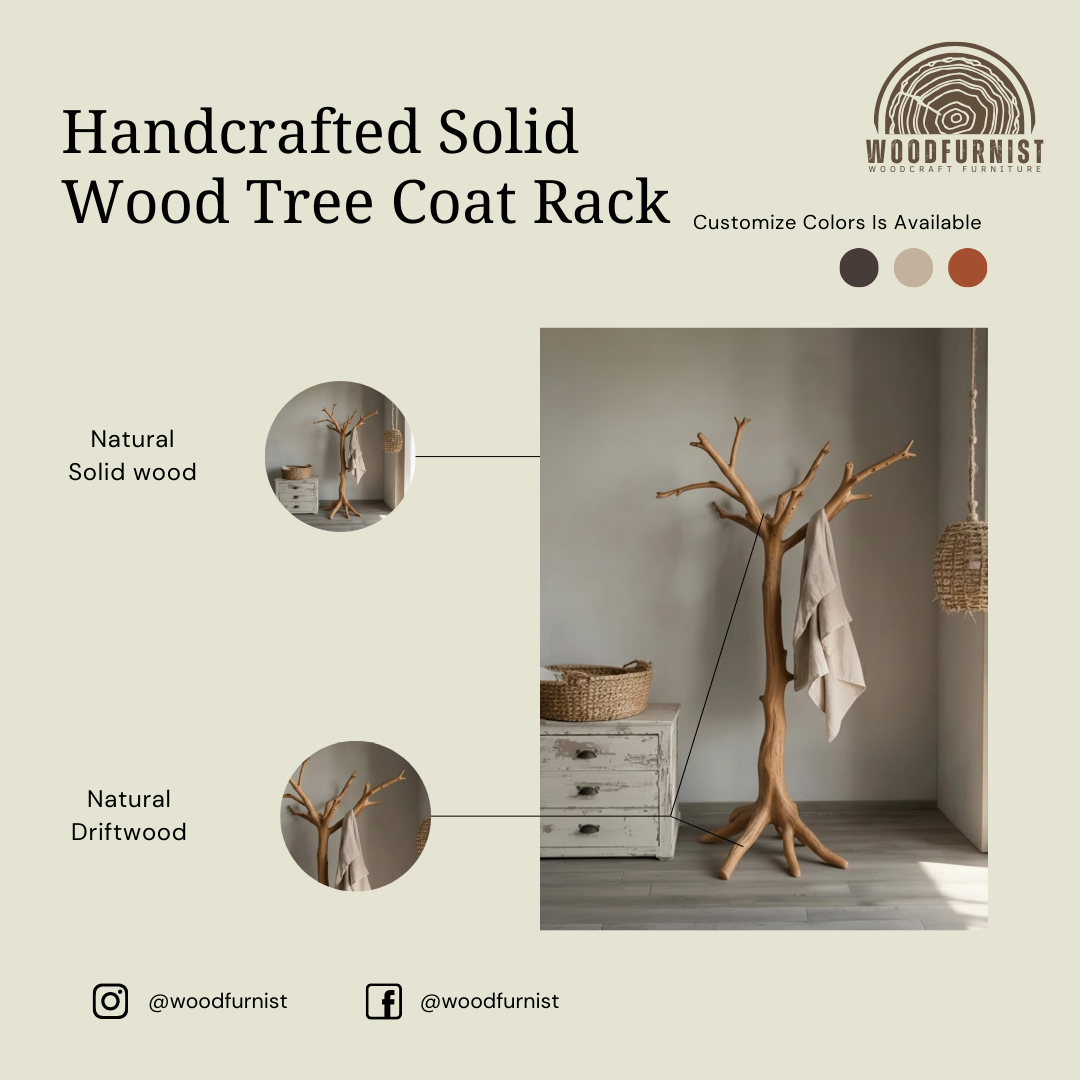 Solid Wood Tree Coat Rack – Handcrafted Standing Coat Hanger for Entryway WFNVA0203
