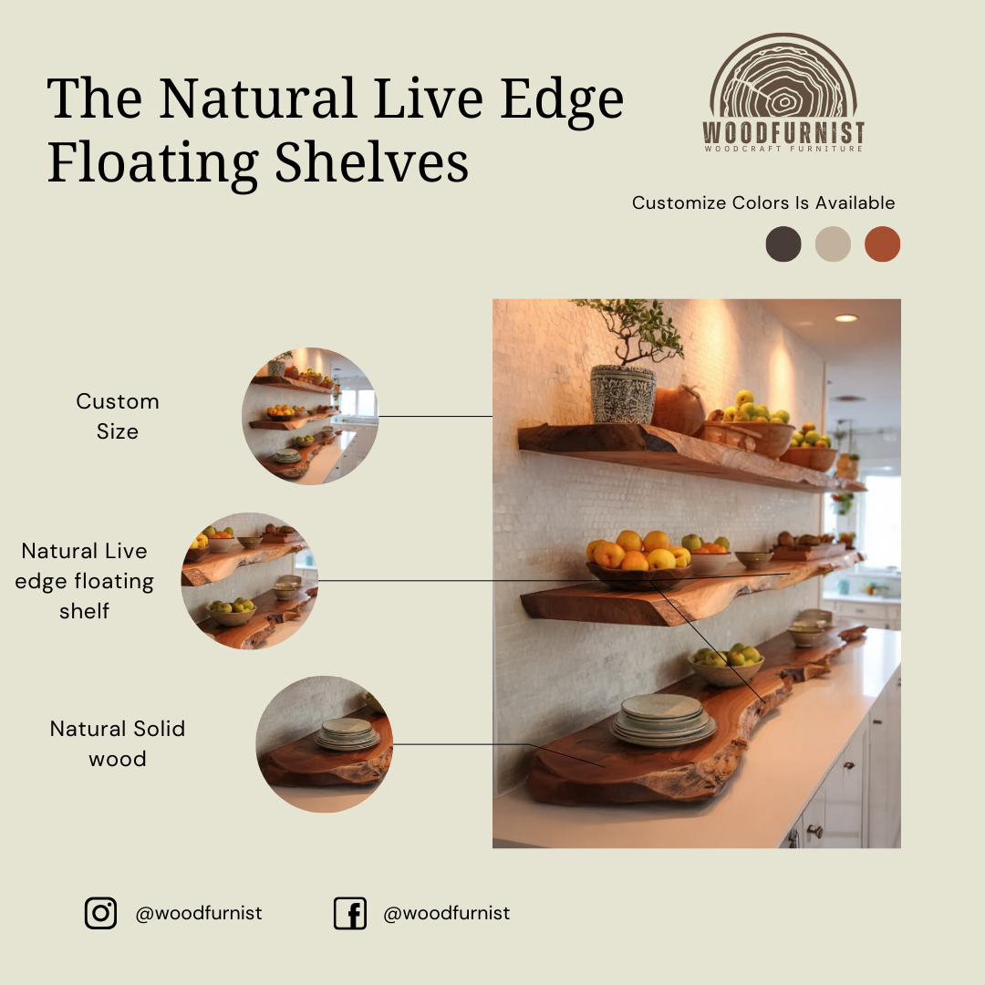 Live Edge Floating Wooden Shelf – Handmade Solid Wood Kitchen Wall Shelf WFNED0177