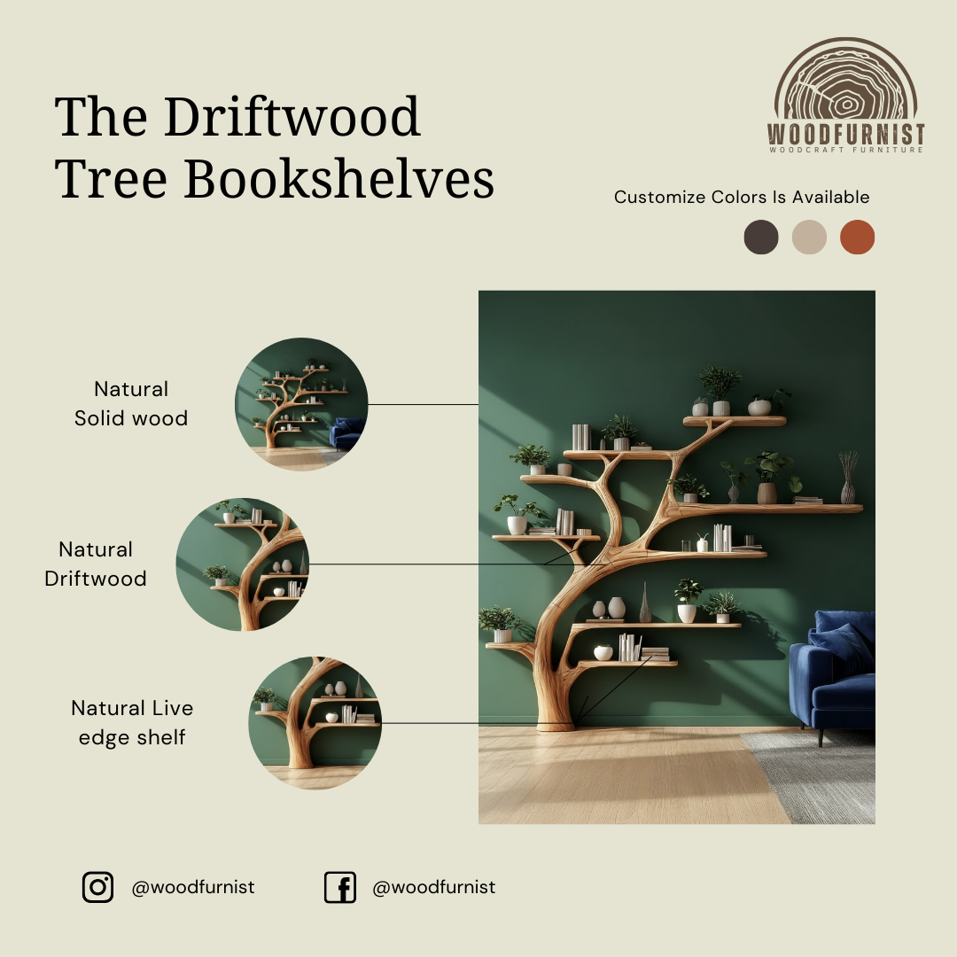 Handcrafted Wooden Tree Bookshelf Wall Shelf with Branch Shelves – Artistic Tree Bookcase Home Decor WFNVA0194