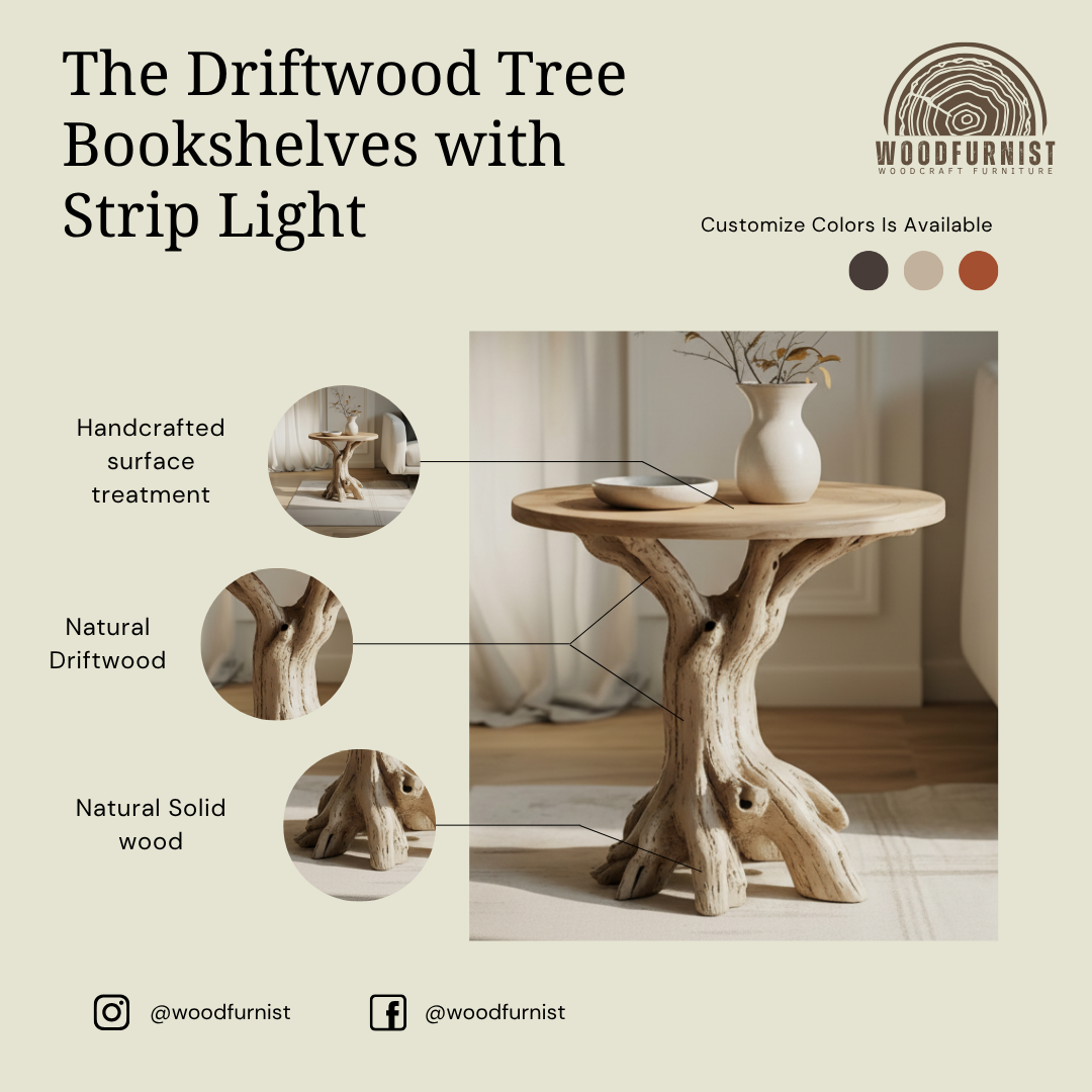 Driftwood Round Side Table – Natural Wood End Table, Handmade Tree Trunk Base, Rustic Organic Furniture WFNED0137