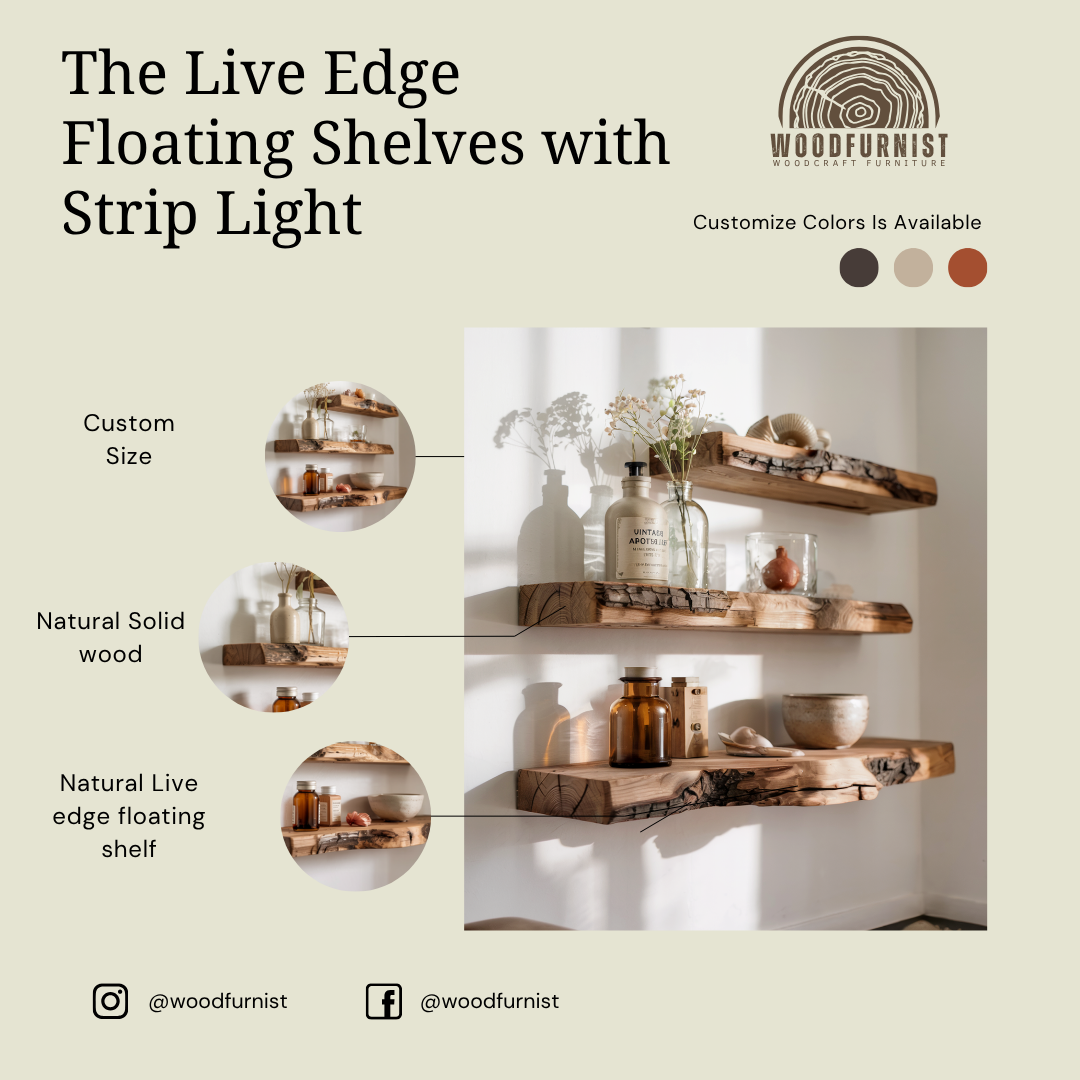 Live Edge Floating Shelves – Handmade Solid Wood Wall Shelves – Rustic Natural Home Decor WFNED0108