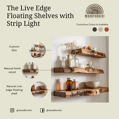 Rustic Live Edge Floating Shelves – Handmade Solid Wood Wall Shelf – Natural Home Decor WFNED0107