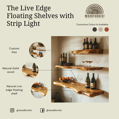 Live Edge Floating Wooden Shelf – Handmade Solid Wood Wall Shelf for Kitchen, Wine & Home Decor | Woodfurnist WFNED0122