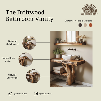Handcrafted Live Edge Solid Wood Floating Bathroom Vanity- Sculptural Tree Root Console