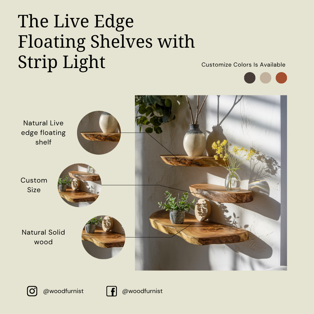 Solid Wood Live Edge Floating Shelves – Artisan Handmade Wall Display – Natural Rustic Home Decor