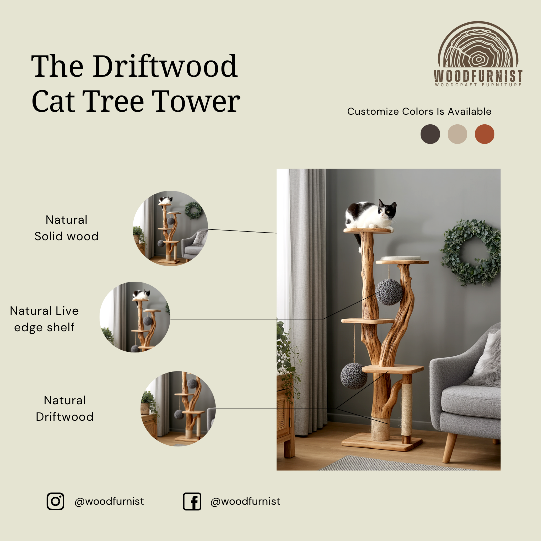 Artistic Live Edge Solid Wood Cat Tree – Elegant Cat Furniture