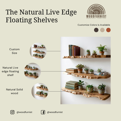 Solid Wood Floating Shelves – Handmade Live Edge Wall Shelves for Home Decor