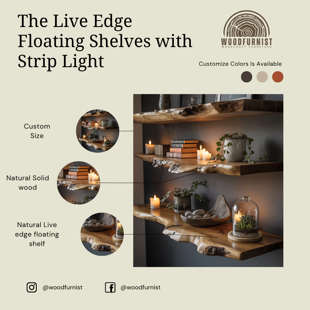 Live Edge Floating Wooden Shelf – Rustic Natural Wood Wall Shelf for Home Décor WFNED0146