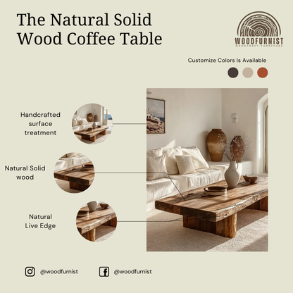 Organic Solid Wood Coffee Table – Rustic Live Edge Slab Table for Minimalist & Coastal Interiors WFNED0165