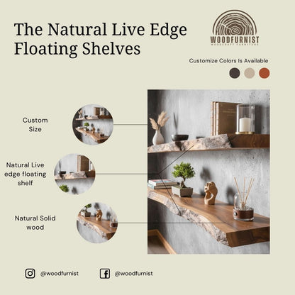 Rustic Wood Floating Shelves – Handmade Live Edge Wall Shelf Decor WFNVA0199