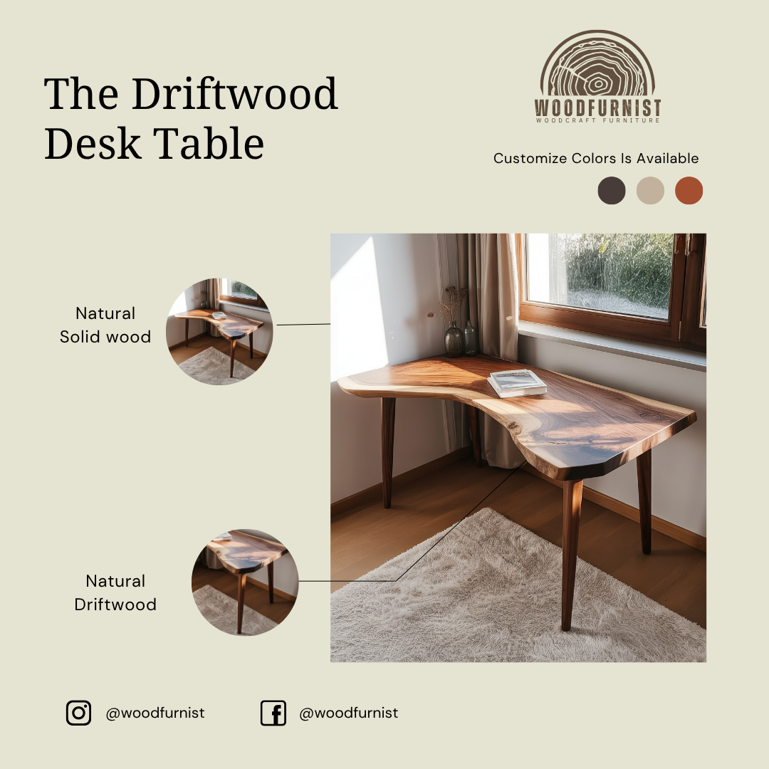 Rustic Sculptural Corner Desk Table, Solid Wood Live Edge Computer Desk