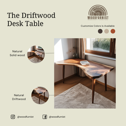 Rustic Sculptural Corner Desk Table, Solid Wood Live Edge Computer Desk