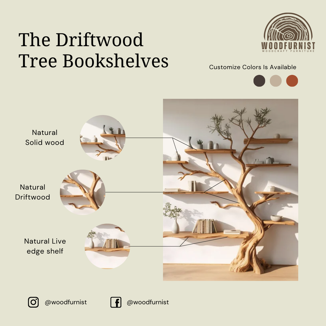 Wooden Standing Tree Bookshelf – Artistic Tree-Shaped Shelf for Living Room & Study WFNED0163