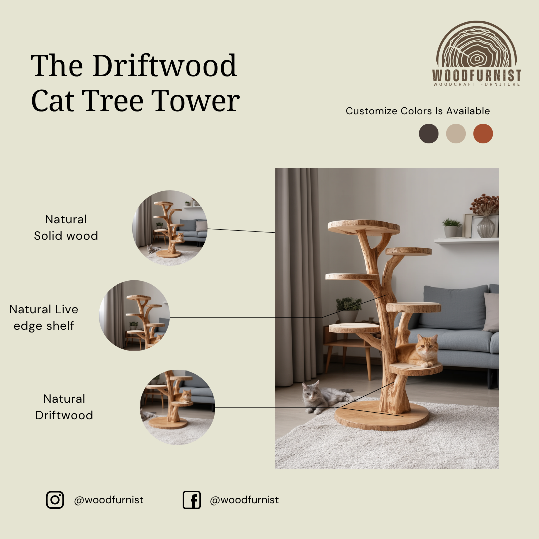 Solid Wood Cat Tree – Sculptural Climbing Tower with Natural Comfort