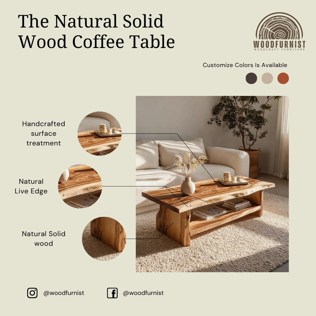 Live Edge Wooden Coffee Table – Natural Solid Wood Center Table for Modern Living Room WFNED0147