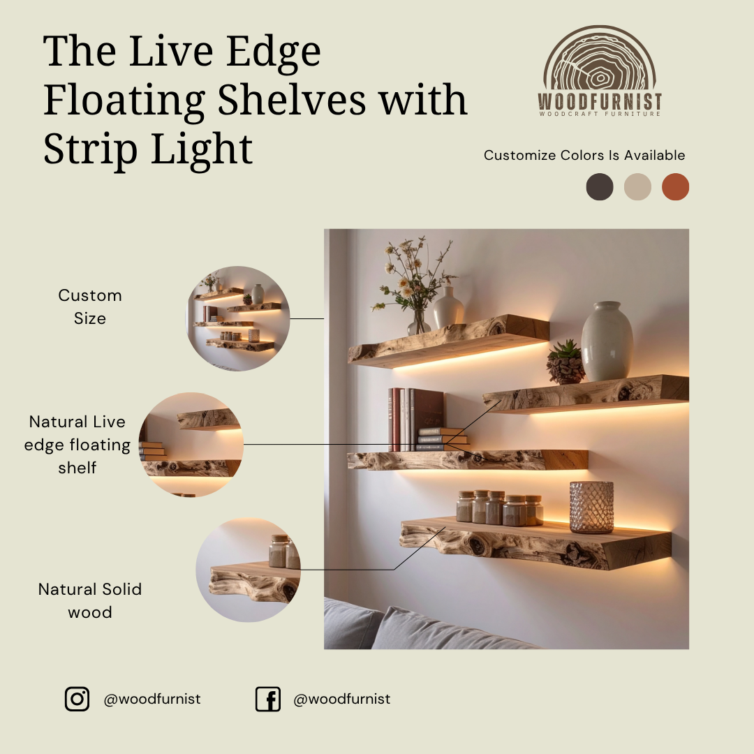 Live Edge Floating Shelves with LED Lights – Handmade Solid Wood Wall Shelves – Modern Rustic Home Decor by Woodfurnist WFNED0120