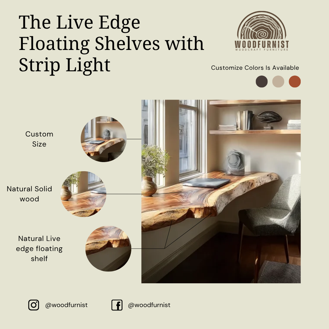 Live Edge Floating Wooden Desk – Wall Mounted Solid Wood Workspace for Home Office WFNED0133