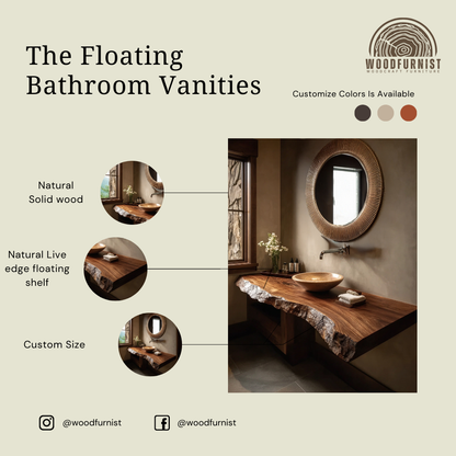 Solid Wood Floating Bathroom Vanity – Handmade Live Edge Vanity for Modern Bathroom