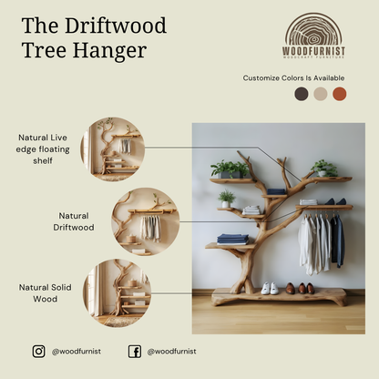 Handcrafted Sculptural Tree Hanger- Solid Wood Multifunctional Coat Rack & Organizer