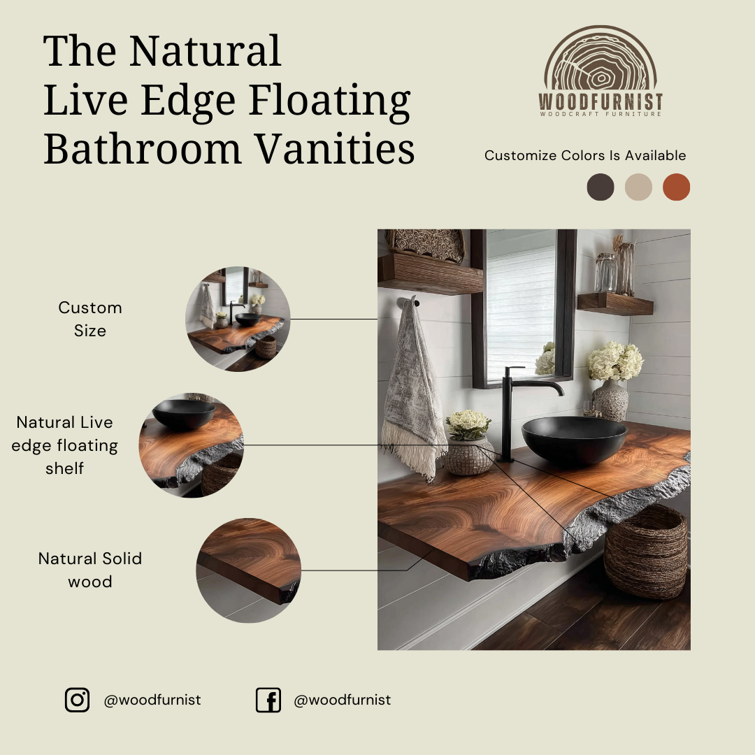 Floating Solid Wood Bathroom Vanity – Live Edge Vanity Top with Organic Modern Design WFNED0167
