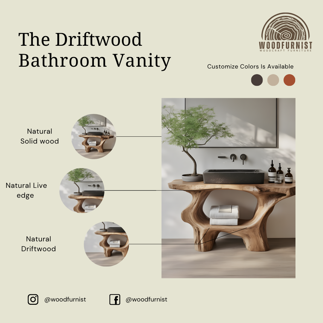 Organic Live Edge Solid Wood Bathroom Vanity - Handcrafted Sculpted Base