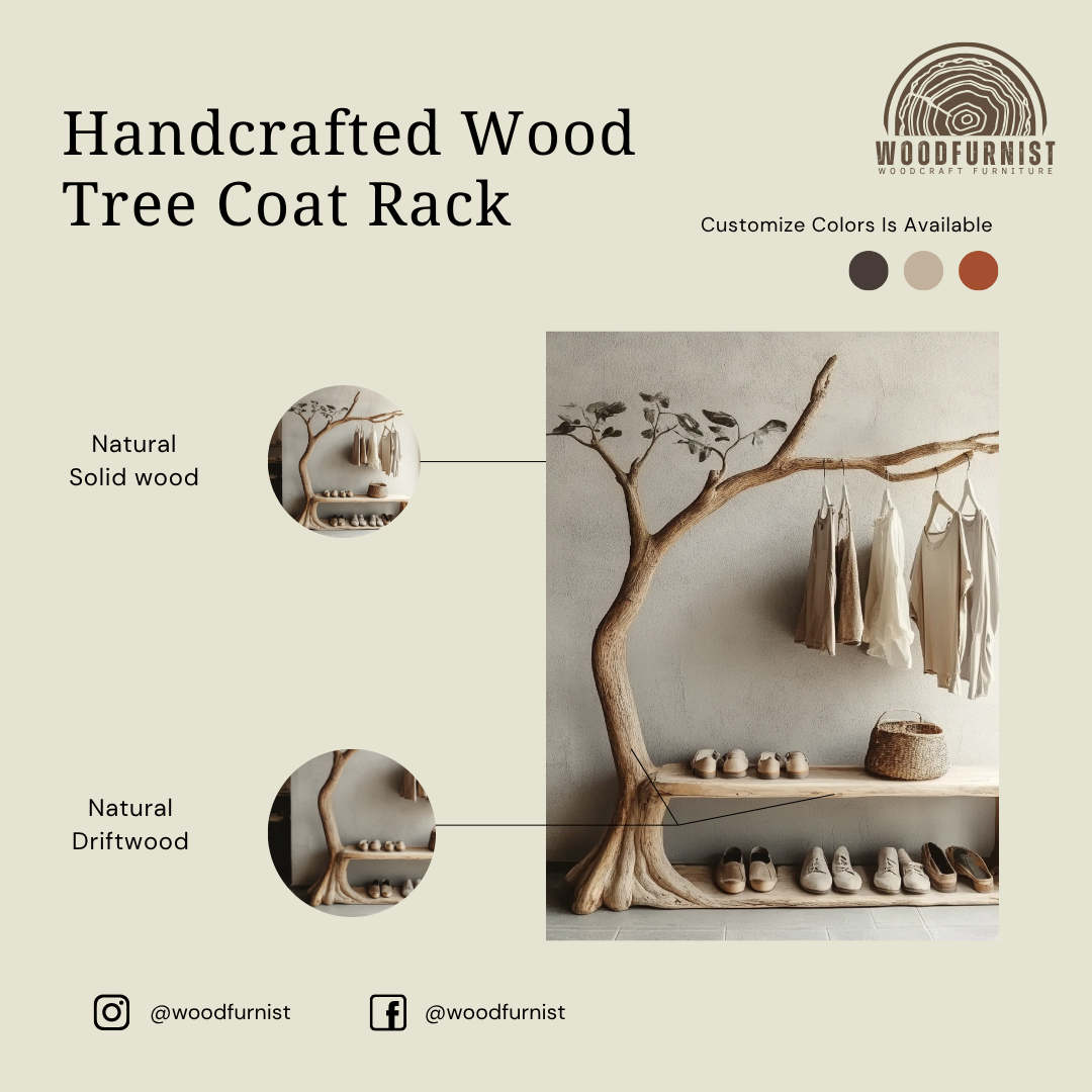 Handcrafted Tree Hanger With Bench Solid Wood Branch Clothing Rack For Entryway Bedroom