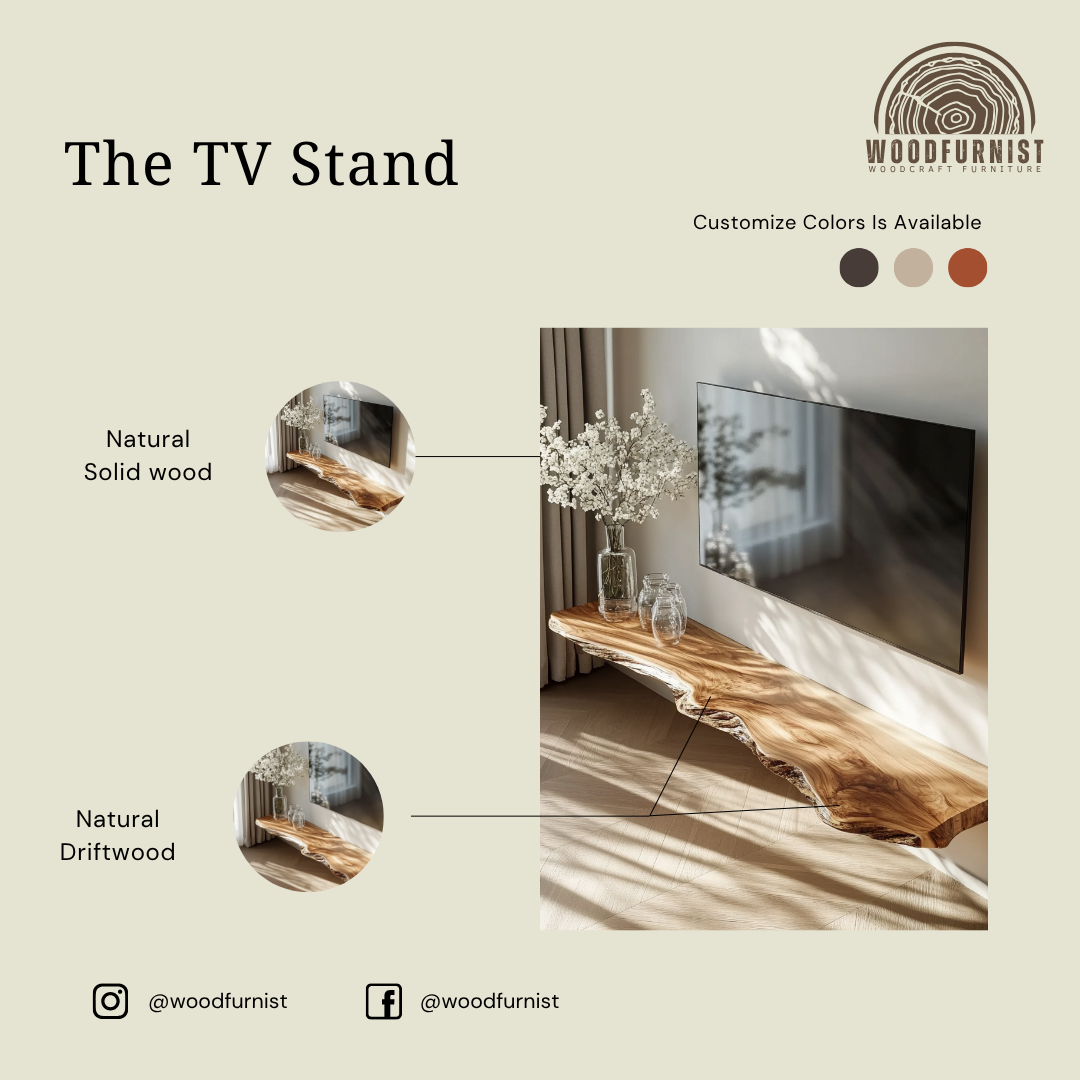 Live Edge Solid Wood Floating TV Stand– Organic Modern Masterpiece