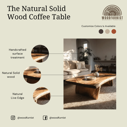 Rustic Natural Wood Coffee Table – Organic Live Edge Furniture for Living Room WFNED0149