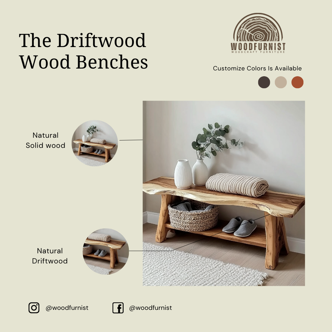Live Edge Solid Wood Bench – Minimalist Natural Seating with Functional Storage