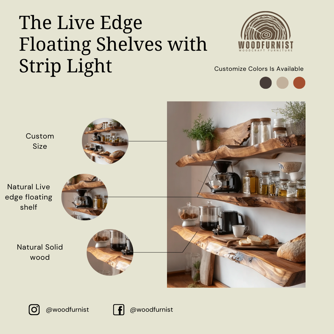 Rustic Live Edge Wall Shelf | Handmade Floating Wooden Shelves for Kitchen & Home Decor WFNED0156
