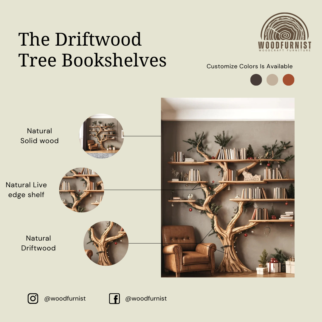 Rustic Tree Shaped Wooden Bookshelf with Branch Design for Living Room Christmas Decor WFNED0159