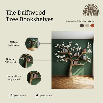 Handcrafted Blossom Tree Bookshelf Wall Shelf – Artistic Wooden Tree Bookcase for Living Room Decor WFNVA0193