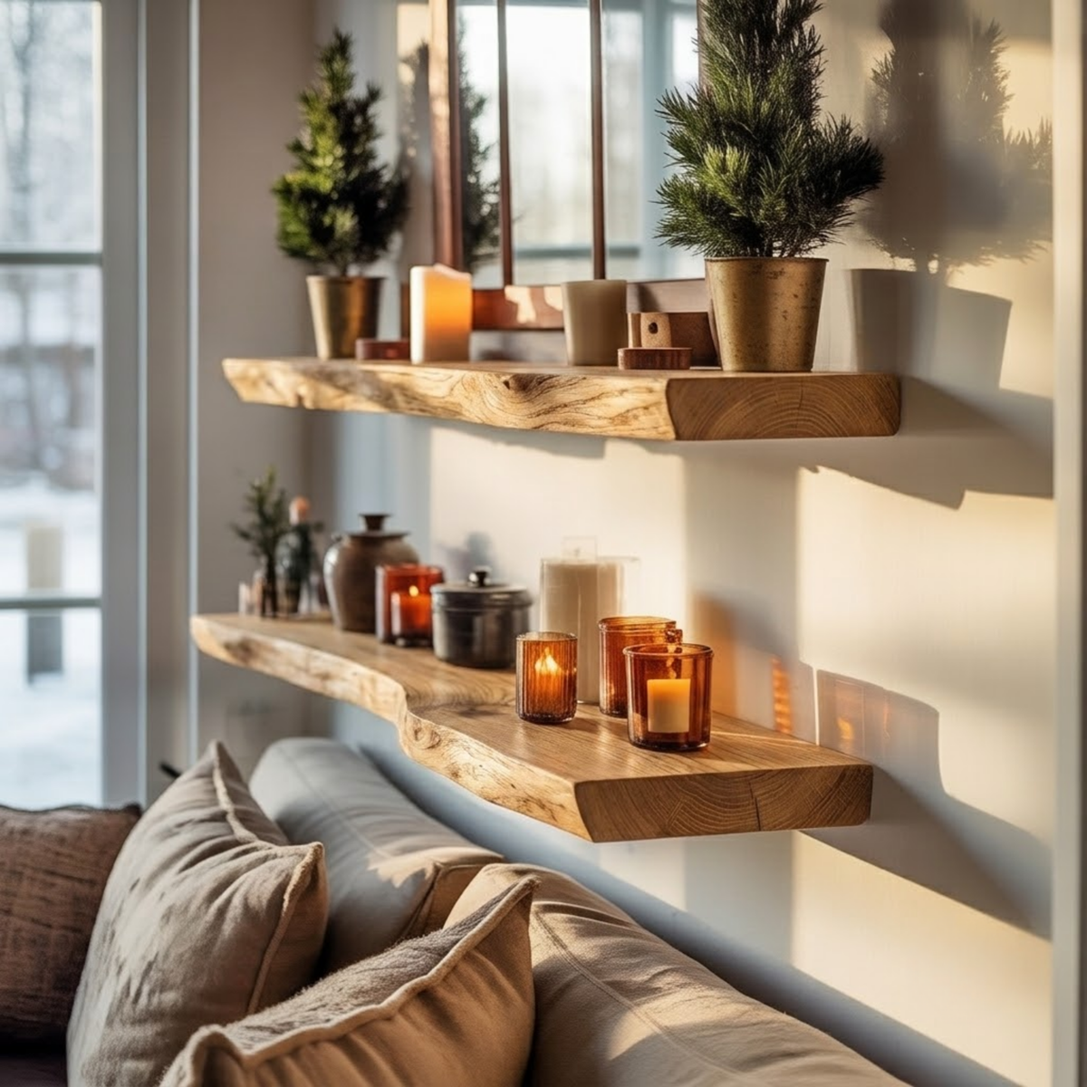 Fernvale Live Edge Wood Floating Shelf in Oak finish with live edge and clean floating profile