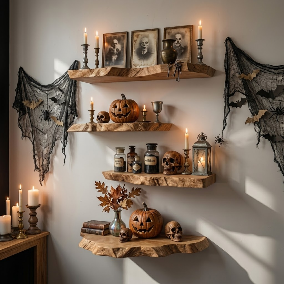 Hearthwood Live Edge Wood Floating Shelf in Oak finish with natural live edge front