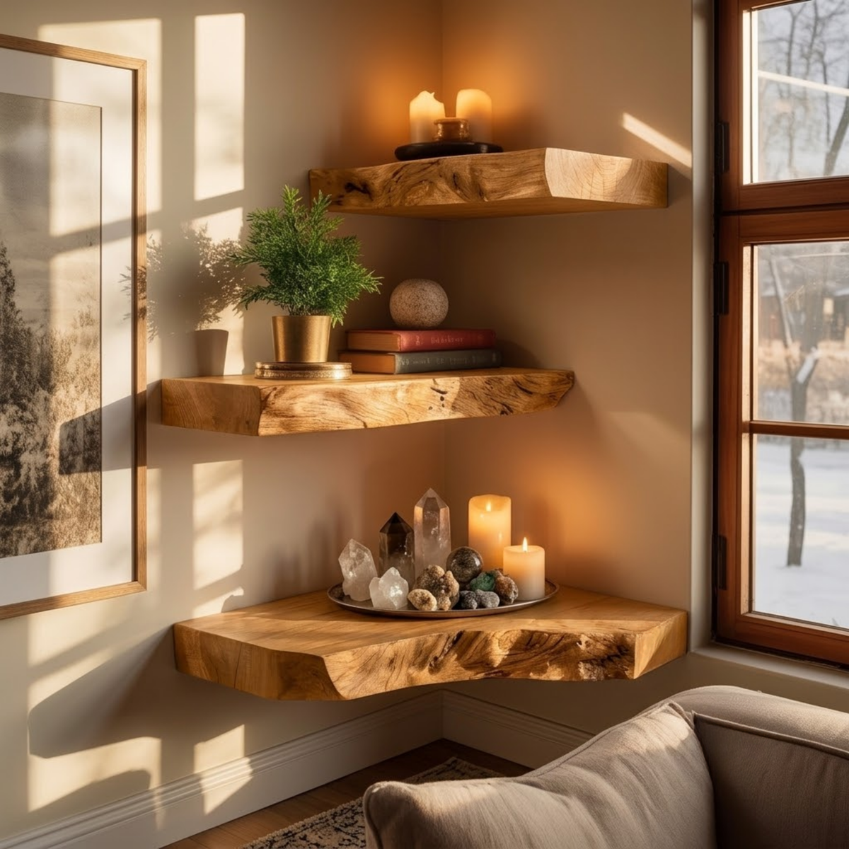 Nookwood Live Edge Wood Corner Floating Shelf in Oak finish with corner shape with natural live edge